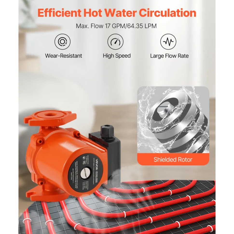 VEVOR F-009-BF5-J Cast Iron Circulator Pump, 17 GPM, AC 120V 35 ft Hot Water Recirculating Circulation Pump, 3/4-Inch Flange Connection, 3-Speed Adjustment, Quiet Operation, for Home Heating System