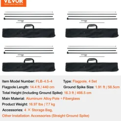 VEVOR Feather Flag Pole Kit, 4 Packs Swooper Flag Pole 16.3 ft, Sign Flag Poles for Business Advertising Flags Outdoor, with Ground Stakes and A Carrying Bag (Flag Not Included)