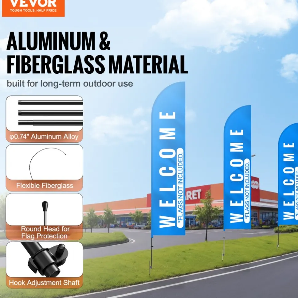 VEVOR Feather Flag Pole Kit, 4 Packs Swooper Flag Pole 16.3 ft, Sign Flag Poles for Business Advertising Flags Outdoor, with Ground Stakes and A Carrying Bag (Flag Not Included)