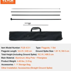 VEVOR Feather Flag Pole Kit, Swooper Flag Pole Set 16.3 ft, Sign Flag Poles for Business Advertising Flags Outdoor, with A Ground Stake and Carrying Bag (Flag Not Included)