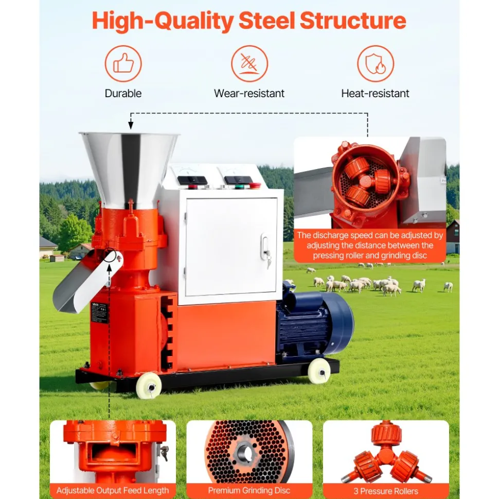 VEVOR Feed Pellet Mill Machine, 5 mm Animal Feed Pellet Making Machine, 3KW 240V Animal Food Granulator Mill Machines with 3 Pressure Rollers & 4 Wheels, Ideal for Poultry, Livestock, Farm Animals