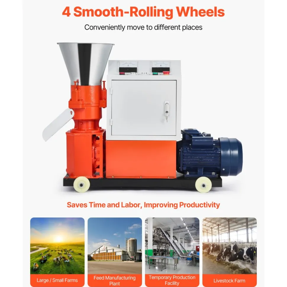 VEVOR Feed Pellet Mill Machine, 6 mm Animal Feed Pellet Making Machine, 3KW 240V Animal Food Granulator Mill Machines with 3 Pressure Rollers & 4 Wheels, Ideal for Poultry, Livestock, Farm Animals