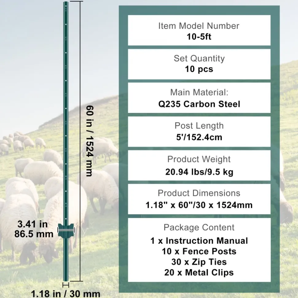 VEVOR 5 Feet Fence Post, 10 Pack U-Channel Heavy Duty Metal Fence Posts, Sturdy Steel Fence Stakes for Garden Yard, Lawn, Farms and Outdoor Wire Fencing, Green