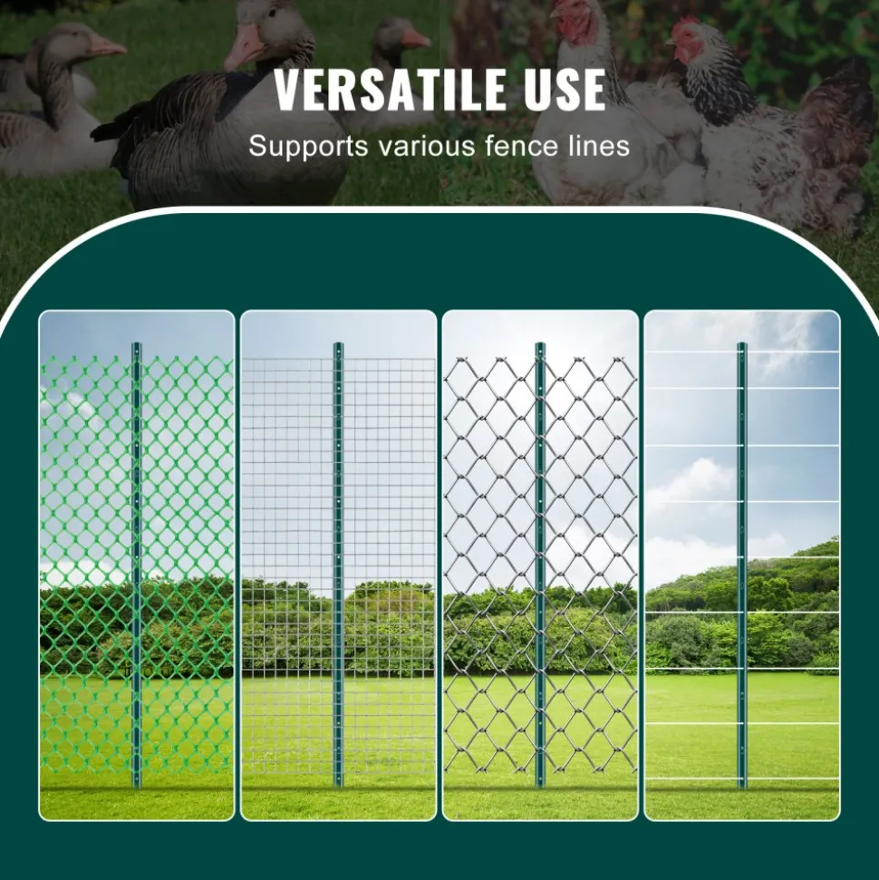 VEVOR 5 Feet Fence Post, 10 Pack U-Channel Heavy Duty Metal Fence Posts, Sturdy Steel Fence Stakes for Garden Yard, Lawn, Farms and Outdoor Wire Fencing, Green