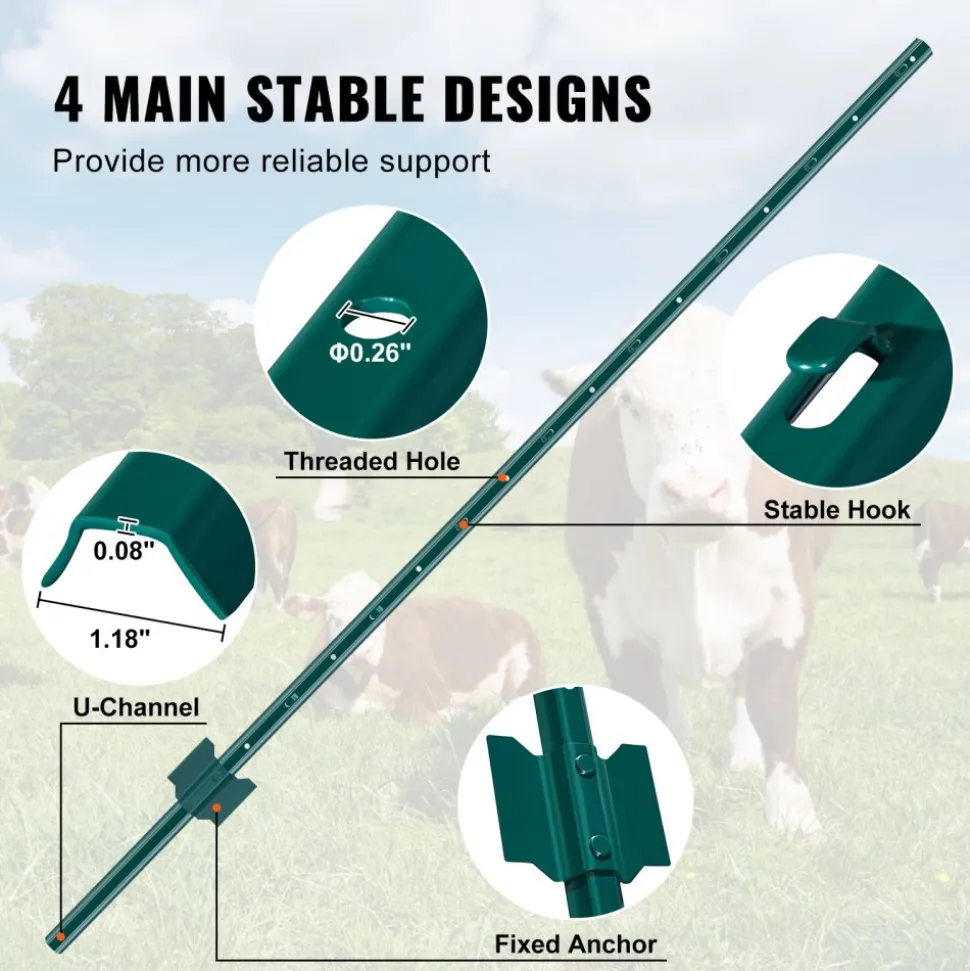 VEVOR 5 Feet Fence Post, 10 Pack U-Channel Heavy Duty Metal Fence Posts, Sturdy Steel Fence Stakes for Garden Yard, Lawn, Farms and Outdoor Wire Fencing, Green