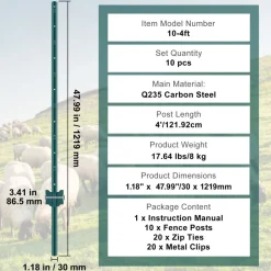 VEVOR 4 Feet Fence Post, 10 Pack U-Channel Heavy Duty Metal Fence Posts, Sturdy Steel Fence Stakes for Garden Yard, Lawn, Farms and Outdoor Wire Fencing, Green
