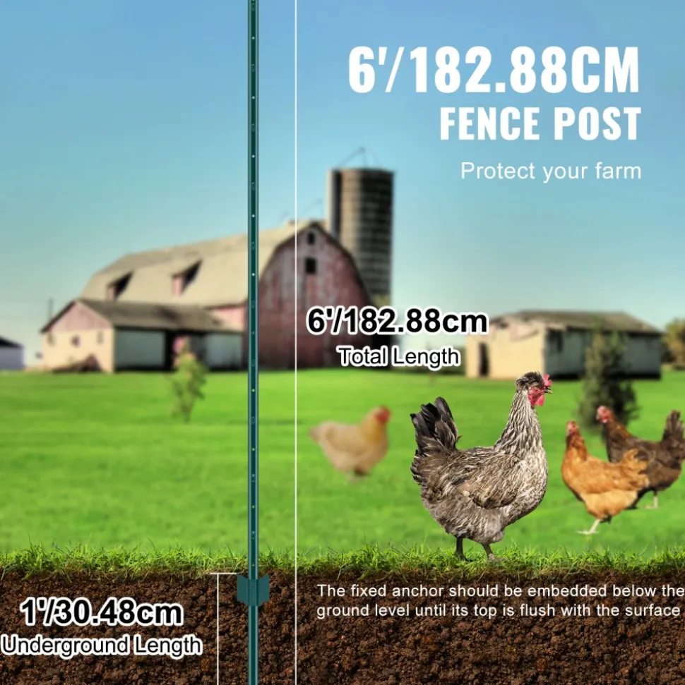 VEVOR 6 Feet Fence Post, 10 Pack U-Channel Heavy Duty Metal Fence Posts, Sturdy Steel Fence Stakes for Garden Yard, Lawn, Farms and Outdoor Wire Fencing, Green