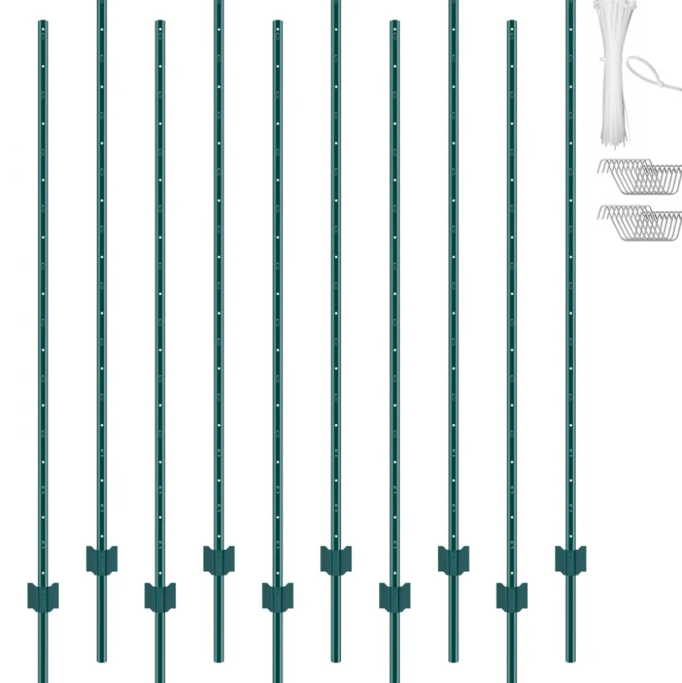 VEVOR 6 Feet Fence Post, 10 Pack U-Channel Heavy Duty Metal Fence Posts, Sturdy Steel Fence Stakes for Garden Yard, Lawn, Farms and Outdoor Wire Fencing, Green