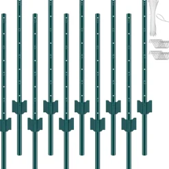 VEVOR 3 Feet Fence Post, 10 Pack U-Channel Heavy Duty Metal Fence Posts, Sturdy Steel Fence Stakes for Garden Yard, Lawn, Farms and Outdoor Wire Fencing, Green