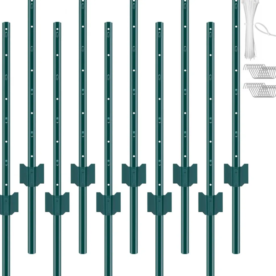 VEVOR 3 Feet Fence Post, 10 Pack U-Channel Heavy Duty Metal Fence Posts, Sturdy Steel Fence Stakes for Garden Yard, Lawn, Farms and Outdoor Wire Fencing, Green