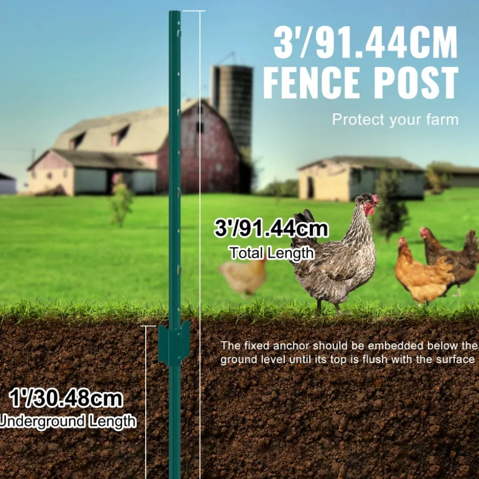 VEVOR 3 Feet Fence Post, 10 Pack U-Channel Heavy Duty Metal Fence Posts, Sturdy Steel Fence Stakes for Garden Yard, Lawn, Farms and Outdoor Wire Fencing, Green