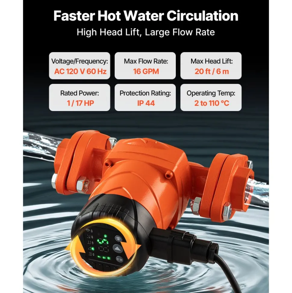 VEVOR F-E007-1F1 High Efficiency Circulator Pump, 16 GPM, 120V 20 ft Cast Iron Hot Water Recirculating Circulation Pump, 1 in Flange Connection, Check Valve, Quiet Operation, for Home Heating System