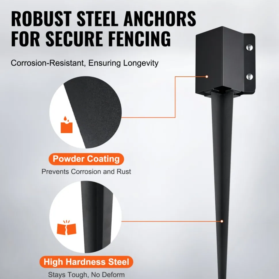 VEVOR Fence Post Anchor Ground Spike, 4 Pack 24 x 4 x 4 Inches Outer Diameter (Inner Diameter 3.5 x3.5 Inches), Metal Black Powder Coated Post Stake Ground, for Mailbox Deck Garden Railing