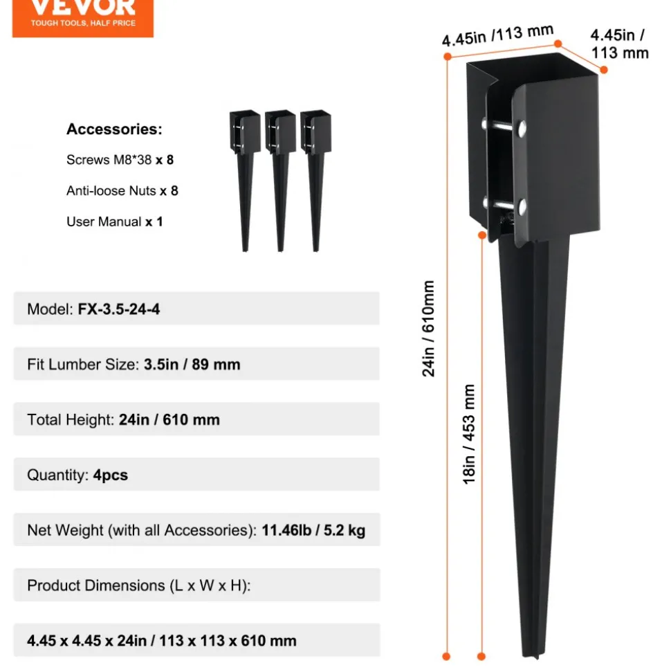 VEVOR Fence Post Anchor Ground Spike, 4 Pack 24 x 4 x 4 Inches Outer Diameter (Inner Diameter 3.5 x3.5 Inches), Metal Black Powder Coated Post Stake Ground, for Mailbox Deck Garden Railing