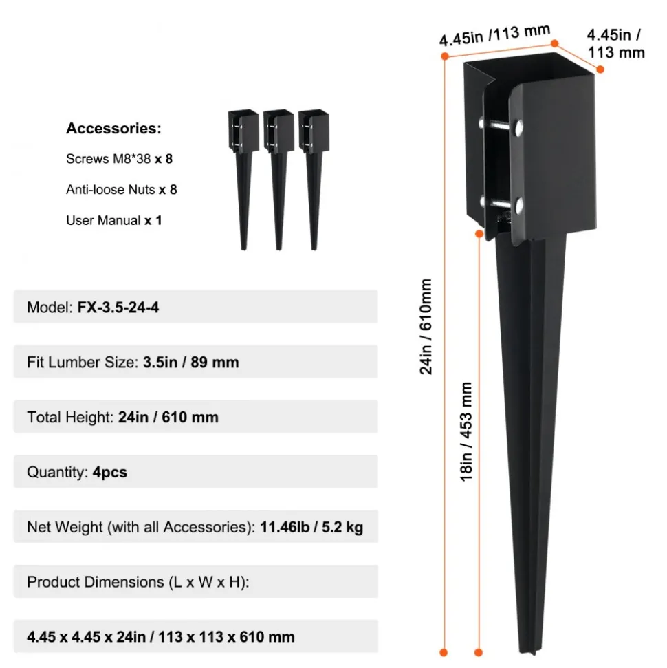 VEVOR Fence Post Anchor Ground Spike, 4 Pack 24 x 4 x 4 Inches Outer Diameter (Inner Diameter 3.5 x3.5 Inches), Metal Black Powder Coated Post Stake Ground, for Mailbox Deck Garden Railing