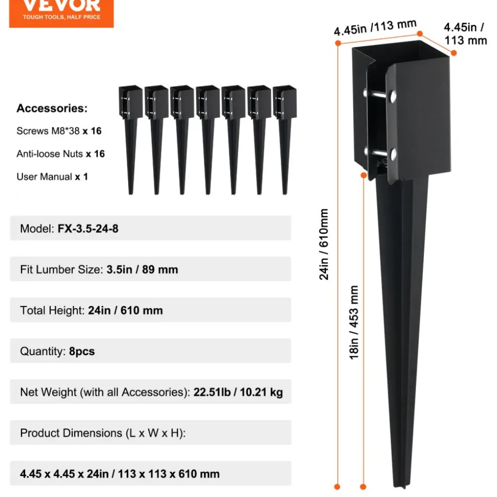 VEVOR Fence Post Anchor Ground Spike, 8 Pack 24 x 4 x 4 Inches Outer Diameter (Inner Diameter 3.5 x3.5 Inches), Metal Black Powder Coated Post Stake Ground, for Mailbox Deck Garden Railing