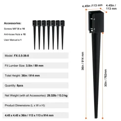 VEVOR Fence Post Anchor Ground Spike, 8 Pack 36 x 4 x 4 Inches Outer Diameter (Inner Diameter 3.5 x3.5 Inches), Metal Black Powder Coated Post Stake Ground, for Mailbox Deck Garden Railing