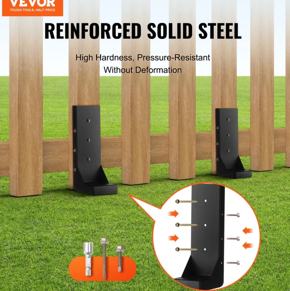 VEVOR Fence Post Anchor Repair Kit, 4 Pack Inner Diameter 3.5 x3.5 Inches Heavy Duty Steel Fence Post Support Stakes, Anchor Ground Spike for Repair Tilted, Broken Wood Fence Post, Enveloping