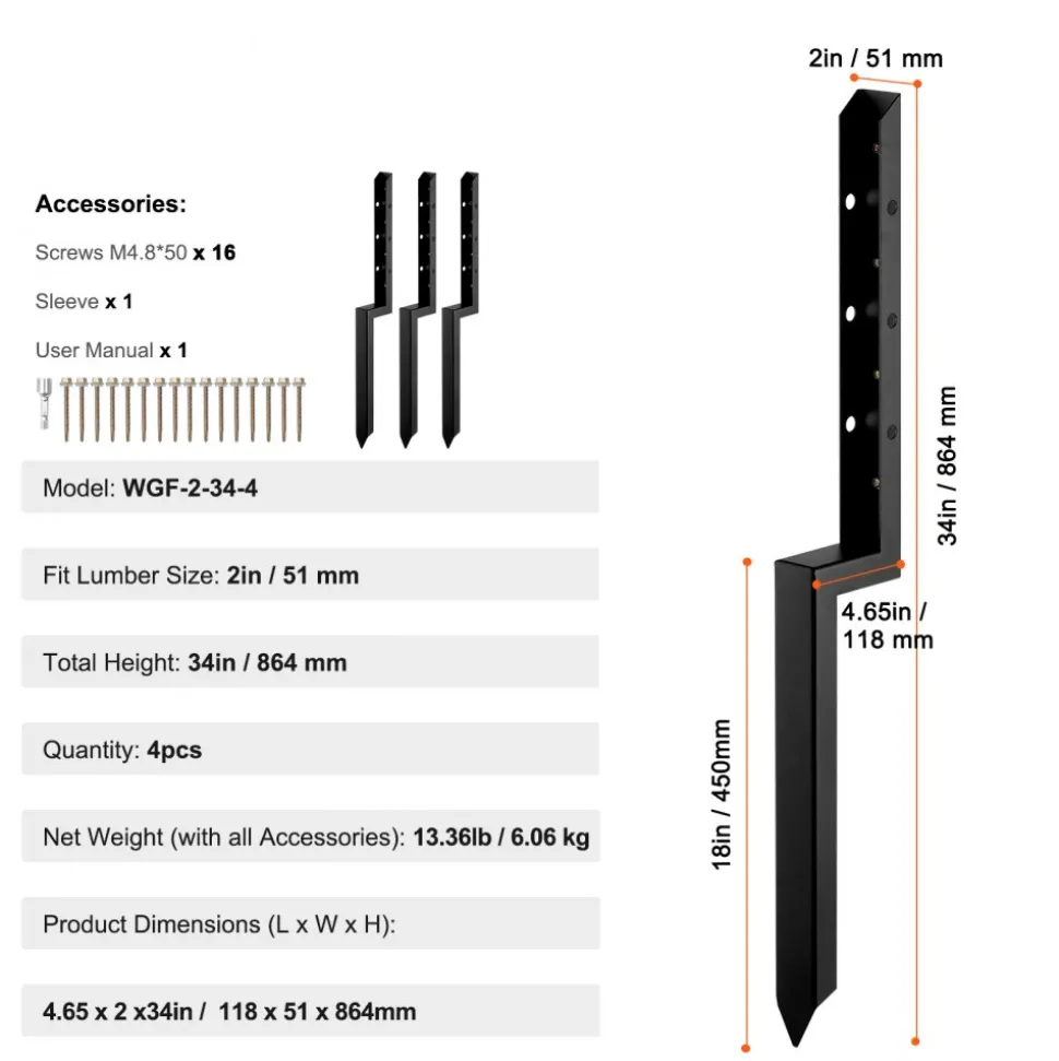 VEVOR Fence Post Anchor Repair Kit, 4 Pack Inner Diameter 2 x2 Inches Heavy Duty Steel Fence Post Support Stakes, Anchor Ground Spike for Repair Tilted, Broken Wood Fence Post