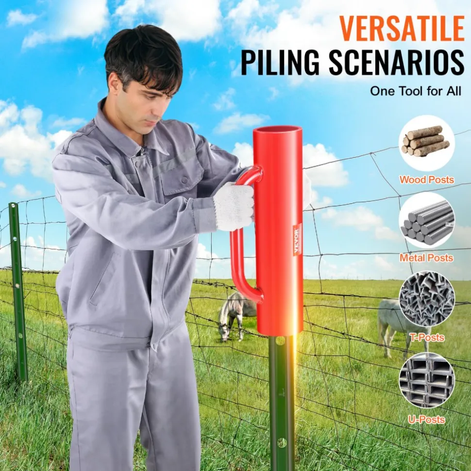 VEVOR Fence Post Driver with Handles, 2.7 in Inner Diameter T Post Pole Pounder, 14LB Heavy Duty Carbon Steel Hand Post Rammer, Farm Fencing Hole Digger for U Channel, Sign Pole, Wooden Post, Red