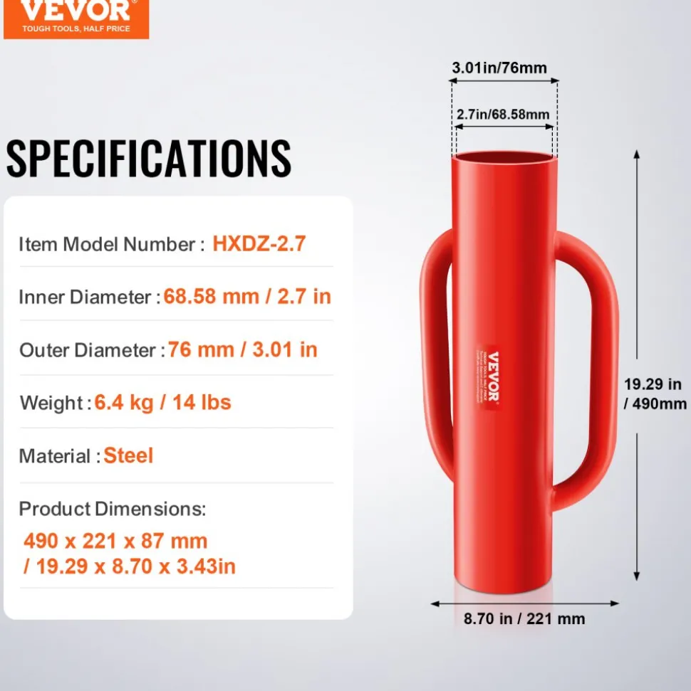 VEVOR Fence Post Driver with Handles, 2.7 in Inner Diameter T Post Pole Pounder, 14LB Heavy Duty Carbon Steel Hand Post Rammer, Farm Fencing Hole Digger for U Channel, Sign Pole, Wooden Post, Red