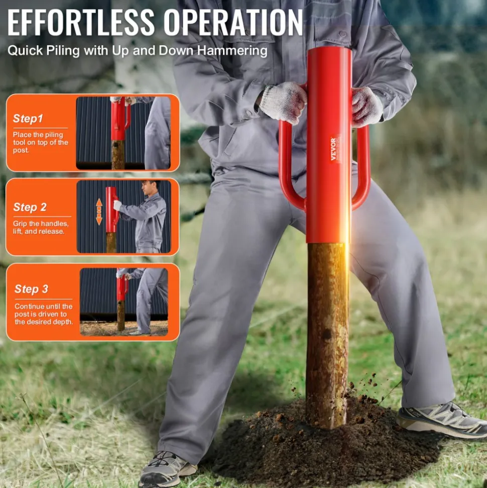 VEVOR Fence Post Driver with Handles, 2.7 in Inner Diameter T Post Pole Pounder, 14LB Heavy Duty Carbon Steel Hand Post Rammer, Farm Fencing Hole Digger for U Channel, Sign Pole, Wooden Post, Red