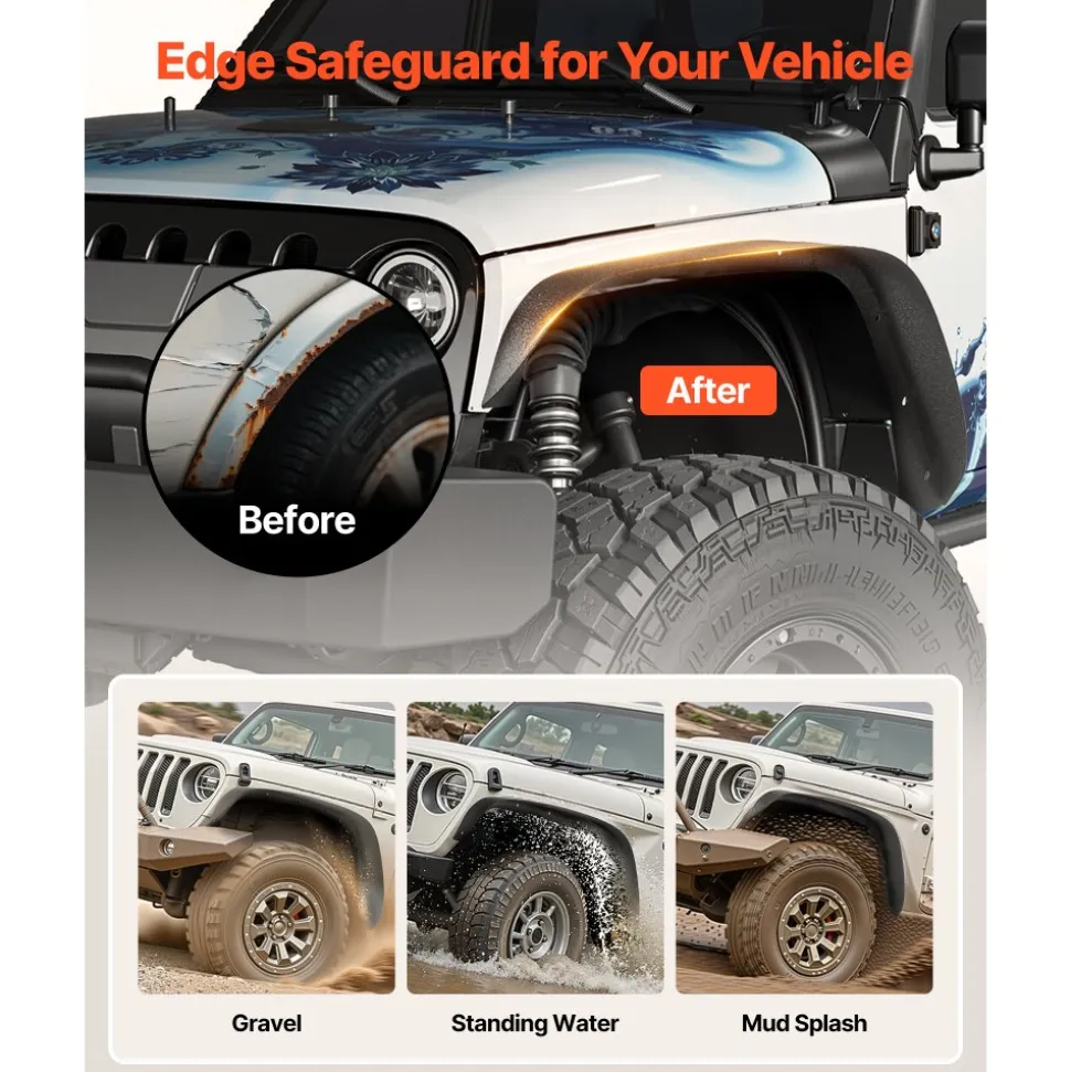 VEVOR Fender Flare, Front & Rear Fender Flares Compatible with 2007-2018 Jeeps JK/JKU 2/4 Doors, Fine-Textured Black Paintable Off-Road Steel Liner Set, Fenders for Jeep JK, Rust-Resistant Coating