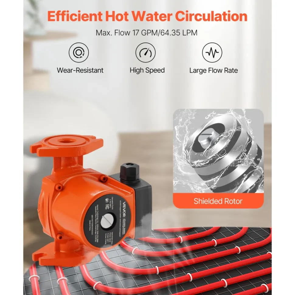 VEVOR F-15-58FC Cast Iron Circulator Pump, 17 GPM, AC 120V 20 ft Hot Water Recirculating Circulation Pump, 1-Inch Flange Connection, 3-Speed Adjustment, Quiet Operation, for Home Water Heating System