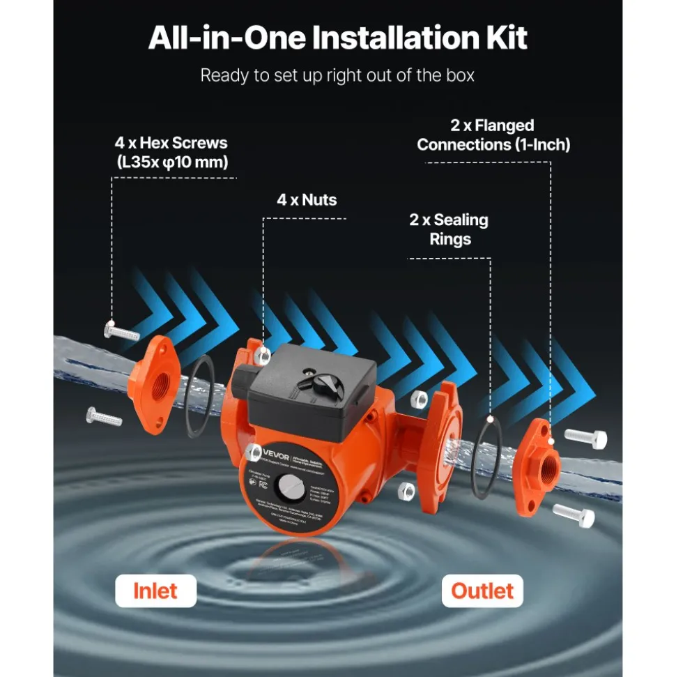 VEVOR F-15-58FC Cast Iron Circulator Pump, 17 GPM, AC 120V 20 ft Hot Water Recirculating Circulation Pump, 1-Inch Flange Connection, 3-Speed Adjustment, Quiet Operation, for Home Water Heating System