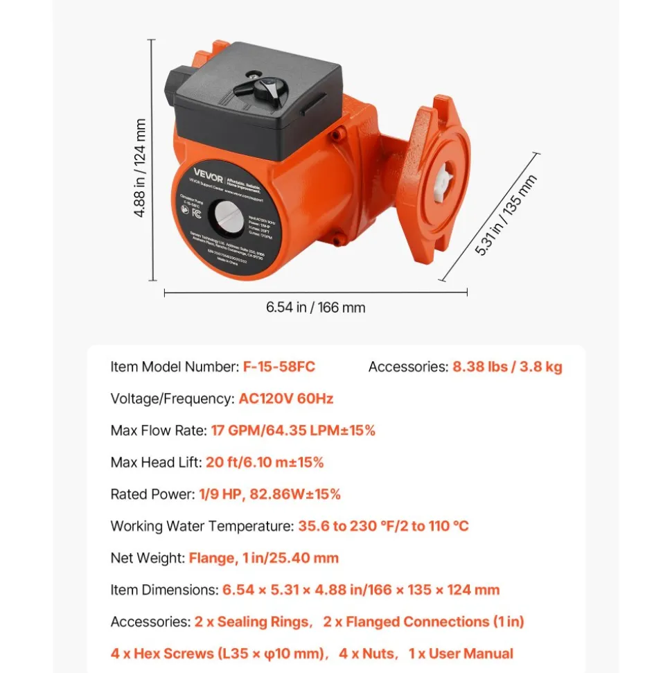VEVOR F-15-58FC Cast Iron Circulator Pump, 17 GPM, AC 120V 20 ft Hot Water Recirculating Circulation Pump, 1-Inch Flange Connection, 3-Speed Adjustment, Quiet Operation, for Home Water Heating System