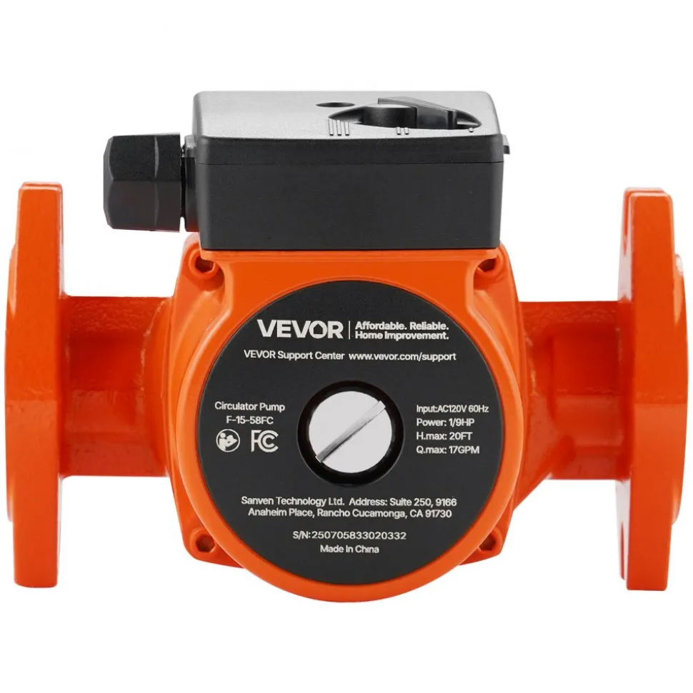 VEVOR F-15-58FC Cast Iron Circulator Pump, 17 GPM, AC 120V 20 ft Hot Water Recirculating Circulation Pump, 1-Inch Flange Connection, 3-Speed Adjustment, Quiet Operation, for Home Water Heating System