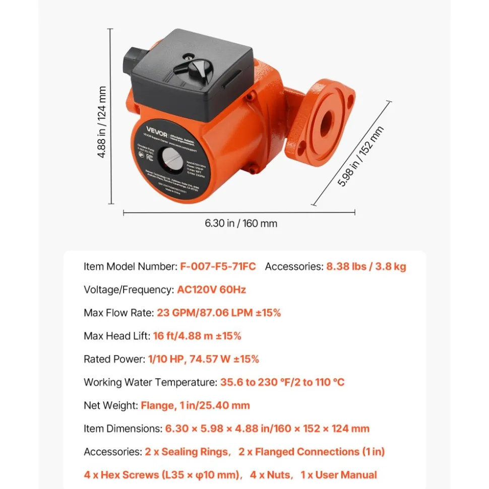 VEVOR F-007-F5-71FC Cast Iron Circulator Pump, 23 GPM, AC 120V 16 ft Hot Water Recirculating Circulation Pump, 1-Inch Flange Connection, 3-Speed Adjustment, Quiet Operation, for Home Heating System