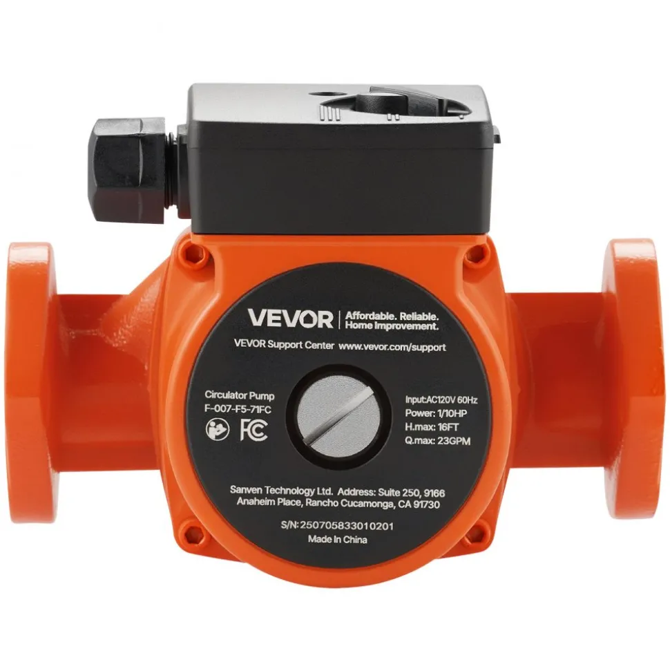 VEVOR F-007-F5-71FC Cast Iron Circulator Pump, 23 GPM, AC 120V 16 ft Hot Water Recirculating Circulation Pump, 1-Inch Flange Connection, 3-Speed Adjustment, Quiet Operation, for Home Heating System