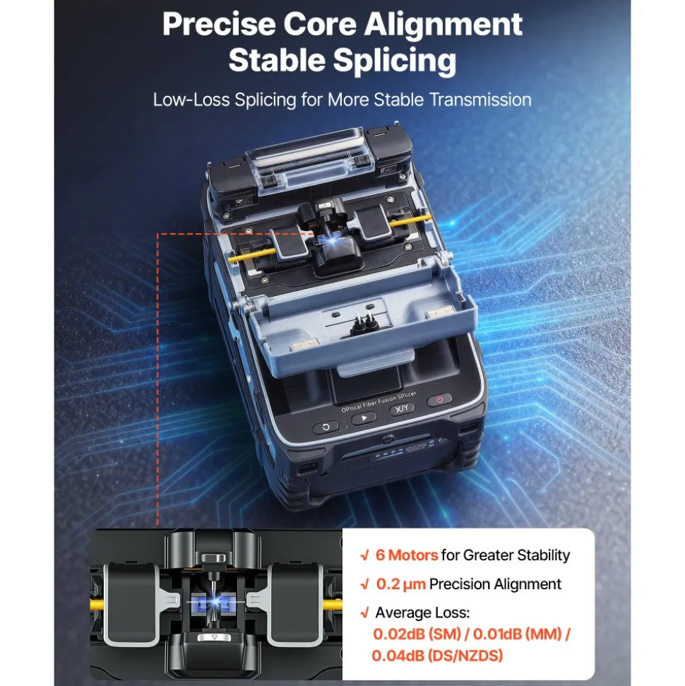 VEVOR Fiber Fusion Splicer 6 Motors with 6s Splicing & 15s Heating, 7800mAh Core Alignment Fiber Optical Splicer, 5" Touch Screen, 3 in 1 Fiber Holder, App Bluetooth Connectivity for SM MM DS NZDS