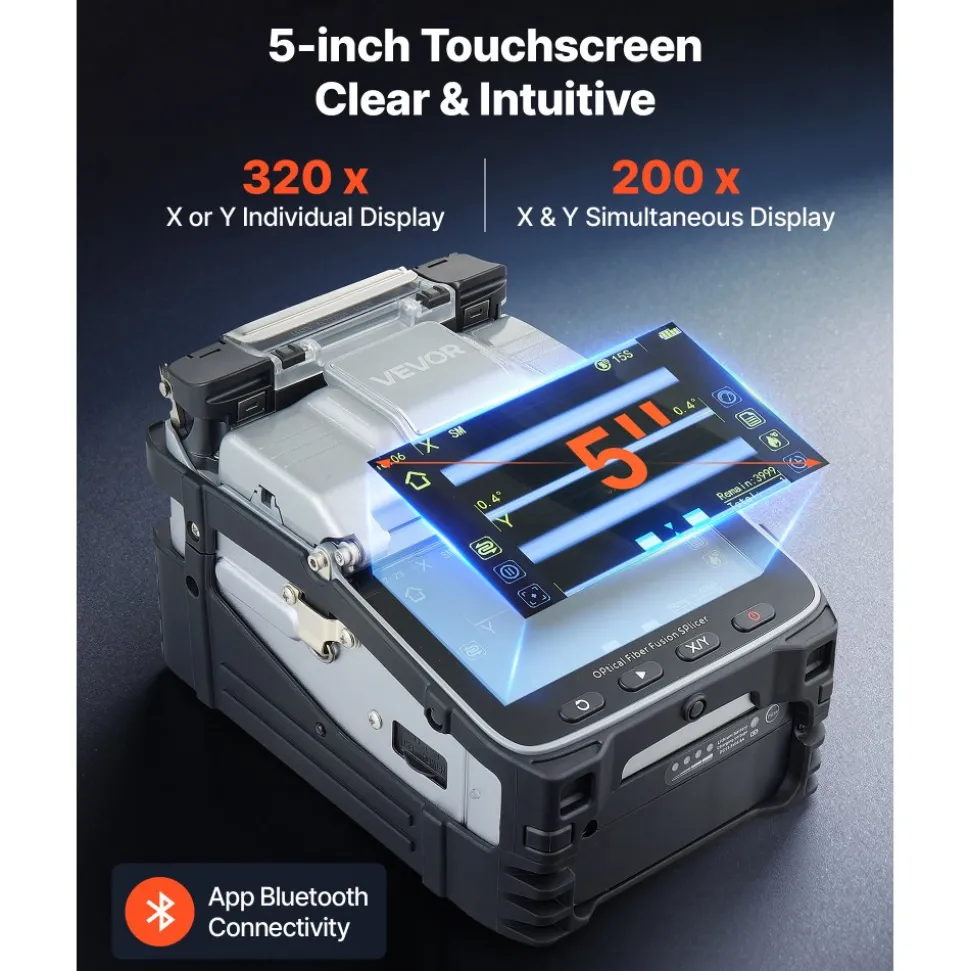 VEVOR Fiber Fusion Splicer 6 Motors with 6s Splicing & 15s Heating, 7800mAh Core Alignment Fiber Optical Splicer, 5" Touch Screen, 3 in 1 Fiber Holder, App Bluetooth Connectivity for SM MM DS NZDS