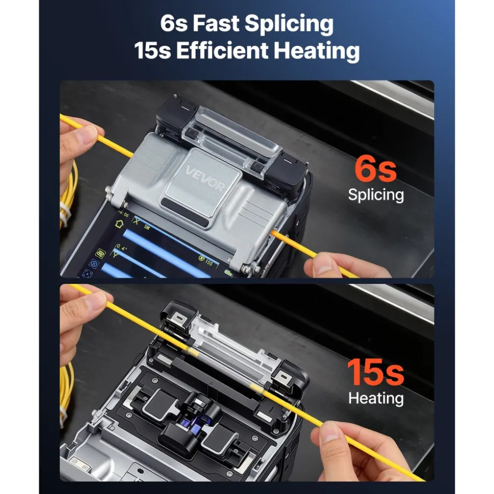 VEVOR Fiber Fusion Splicer 6 Motors with 6s Splicing & 15s Heating, 7800mAh Core Alignment Fiber Optical Splicer, 5" Touch Screen, 3 in 1 Fiber Holder, App Bluetooth Connectivity for SM MM DS NZDS