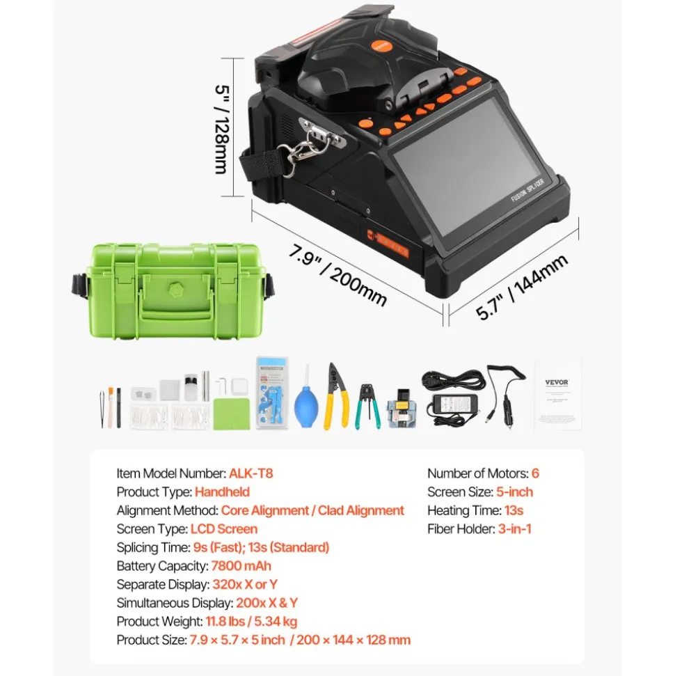 VEVOR Fiber Fusion Splicer 6 Motors, Core & Clad Alignment Fibers Optic Splicer with 6s Fast Splicing and 13s Heating, 5" LCD Screen, 3 in 1 Fiber Holder, 7800mAh Battery for SM MM DS NZDS Fibers