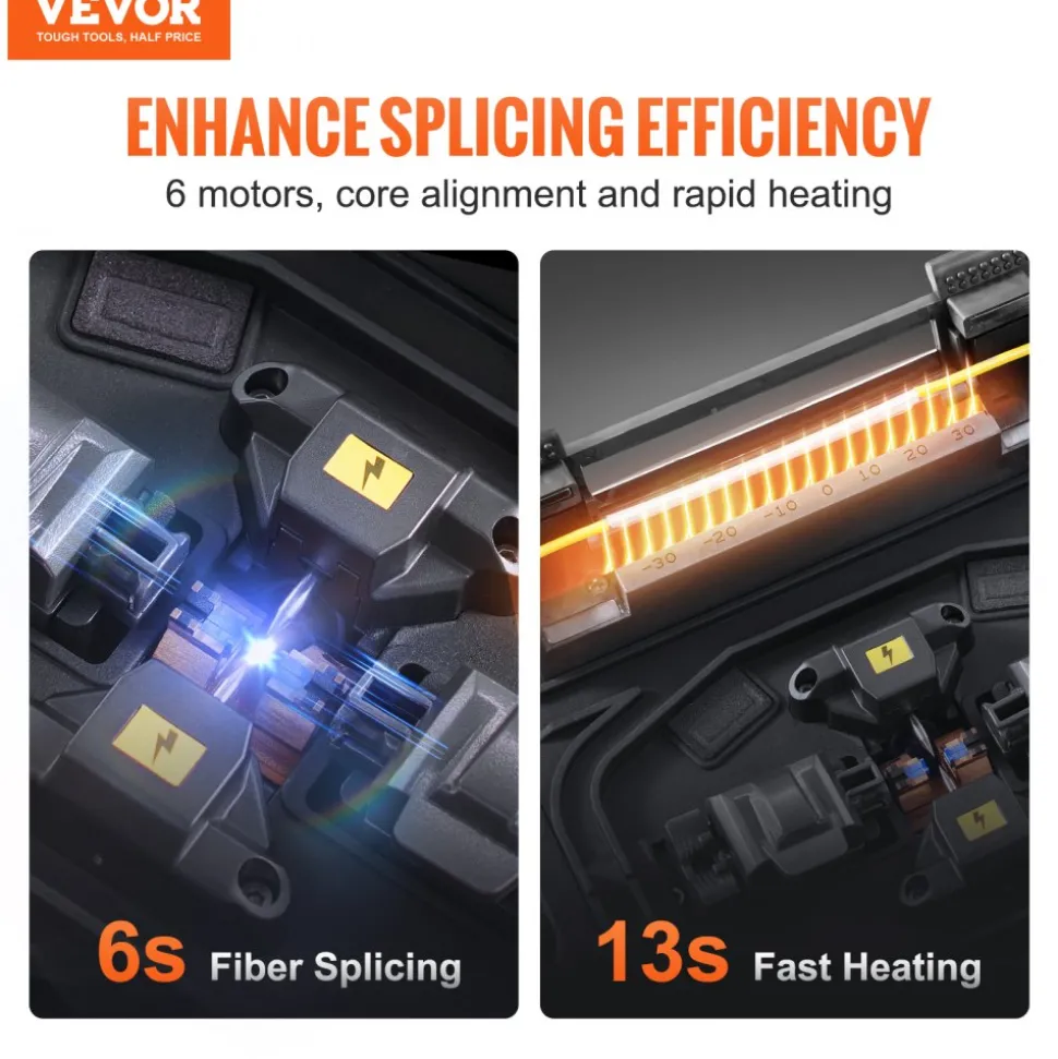 VEVOR Fiber Fusion Splicer 6 Motors with 8s Splicing & 18s Heating, 5200mAh Core Alignment Fibers Optical Splicer, 5" LCD Screen, 3 in 1 Fiber Holder, App Bluetooth Connectivity for SM MM DS NZDS