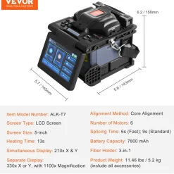 VEVOR Fiber Fusion Splicer 6 Motors with 8s Splicing & 18s Heating, 5200mAh Core Alignment Fibers Optical Splicer, 5