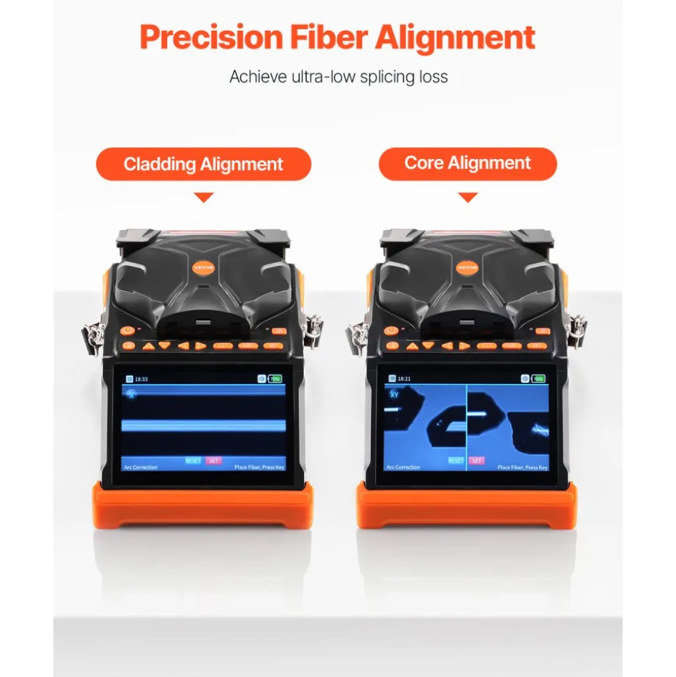 VEVOR Fiber Fusion Splicer 6 Motors, Core & Clad Alignment Fibers Optic Splicer with 6s Fast Splicing and 13s Heating, 5" Touch Screen, 3 in 1 Fiber Holder, 7800mAh Battery for SM MM DS NZDS Fibers