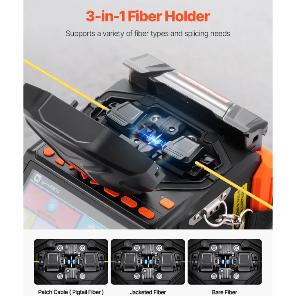 VEVOR Fiber Fusion Splicer 6 Motors, Core & Clad Alignment Fibers Optic Splicer with 6s Fast Splicing and 13s Heating, 5" Touch Screen, 3 in 1 Fiber Holder, 7800mAh Battery for SM MM DS NZDS Fibers