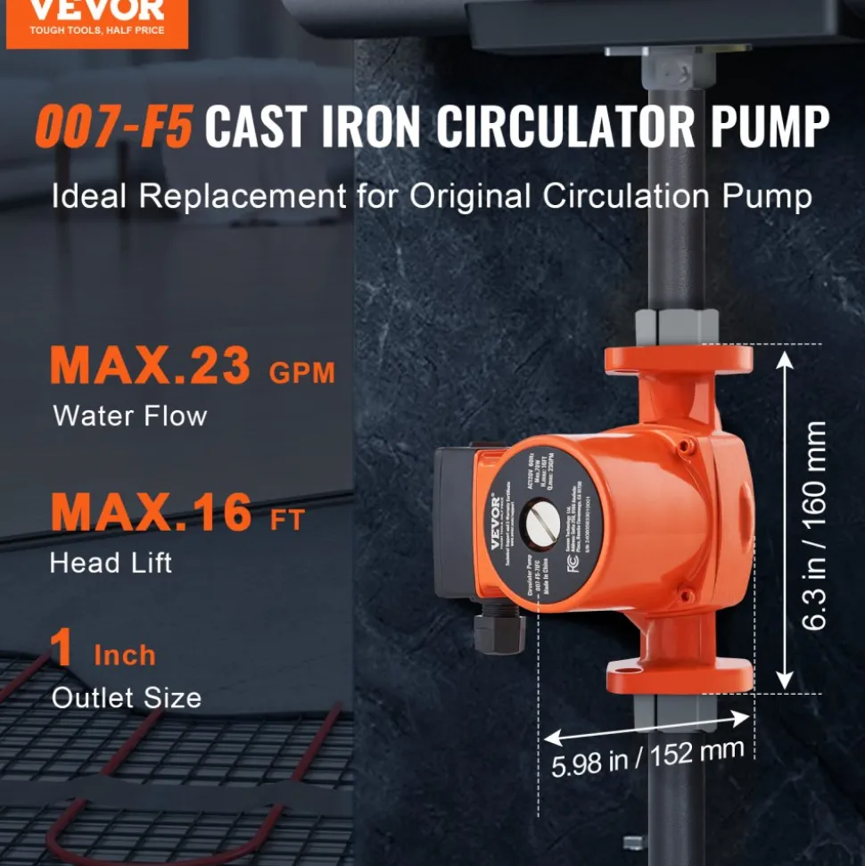 VEVOR 007-F5-7IFC Hot Water Recirculating Pump, 110V, 70W 23 GPM Hot Water Circulation Pump, 1" NPT Flange 3-Speed Circulator Pump, Quiet Operation Circulator Pump for Home Water Heater System