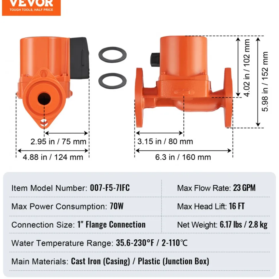 VEVOR 007-F5-7IFC Hot Water Recirculating Pump, 110V, 70W 23 GPM Hot Water Circulation Pump, 1" NPT Flange 3-Speed Circulator Pump, Quiet Operation Circulator Pump for Home Water Heater System