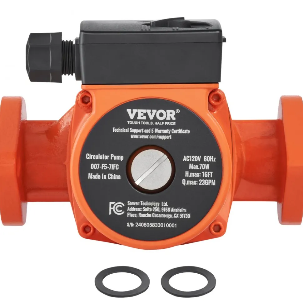 VEVOR 007-F5-7IFC Hot Water Recirculating Pump, 110V, 70W 23 GPM Hot Water Circulation Pump, 1" NPT Flange 3-Speed Circulator Pump, Quiet Operation Circulator Pump for Home Water Heater System