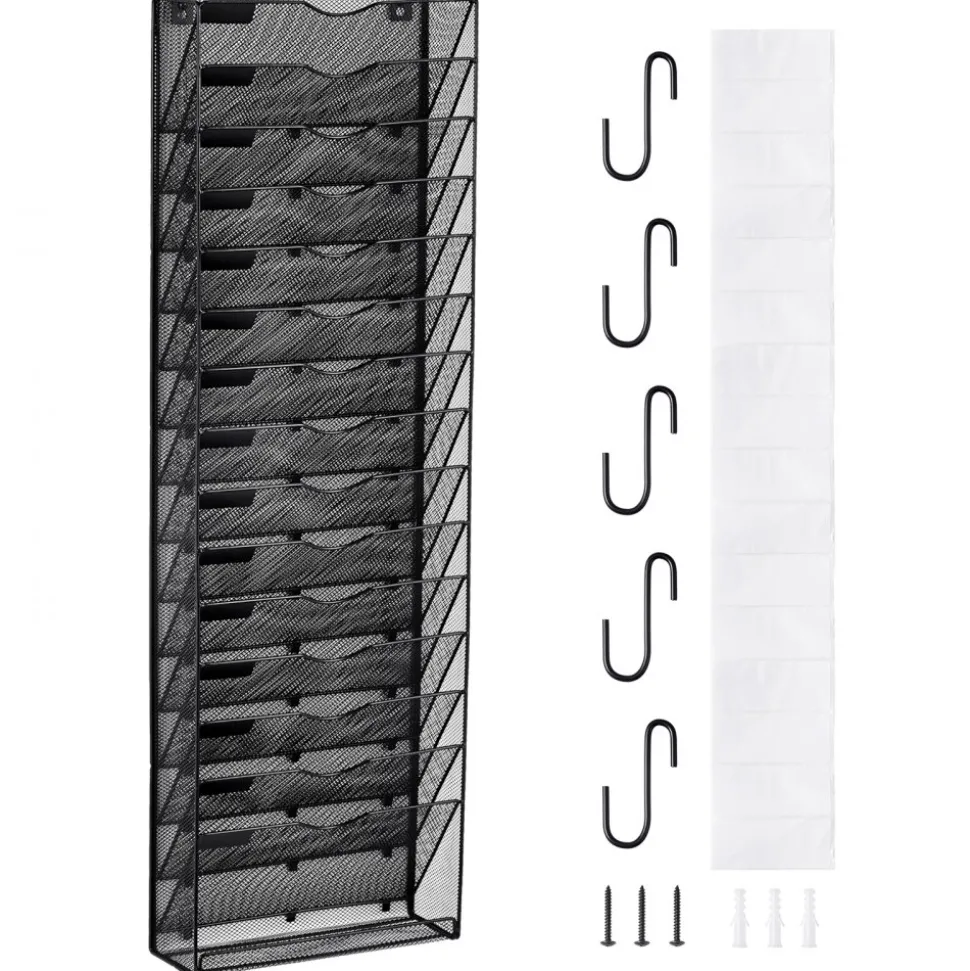VEVOR File Wall Rack, One-Piece 16 Pockets Mesh Wall File Holder, Wall Mounted Magazine Mail Paper & Document Storage Folder, Metal Wall File Organizer with Nametag Label, for Office Home & School