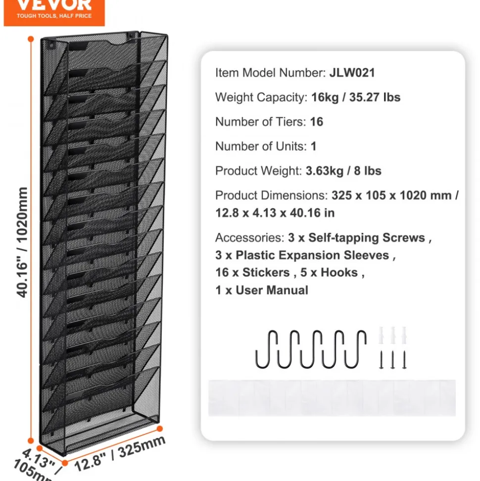 VEVOR File Wall Rack, One-Piece 16 Pockets Mesh Wall File Holder, Wall Mounted Magazine Mail Paper & Document Storage Folder, Metal Wall File Organizer with Nametag Label, for Office Home & School
