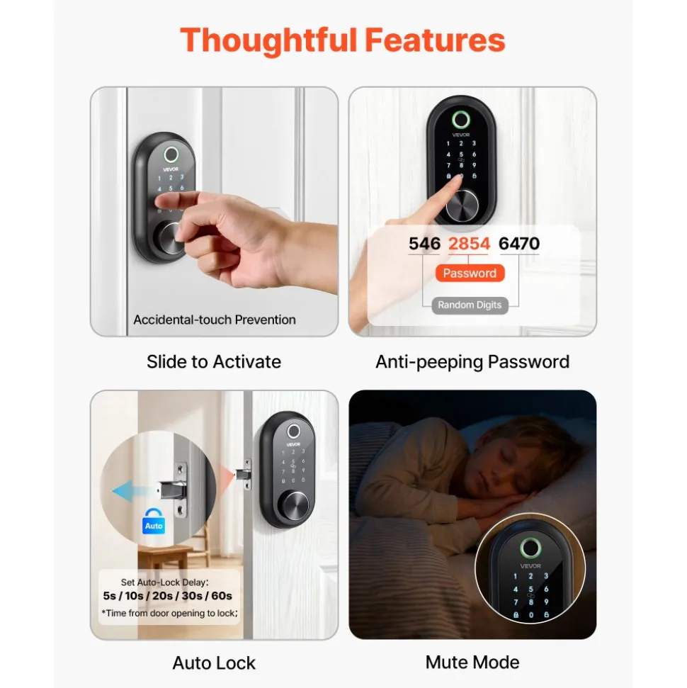 VEVOR Fingerprint Door Lock, Electronic Biometric Deadbolt with Pioneering Easy-Grip Design, Auto Locking, One-Time Code, Anti-Peeking Password, Keyless Entry Door Lock for Home Use, Matte Black