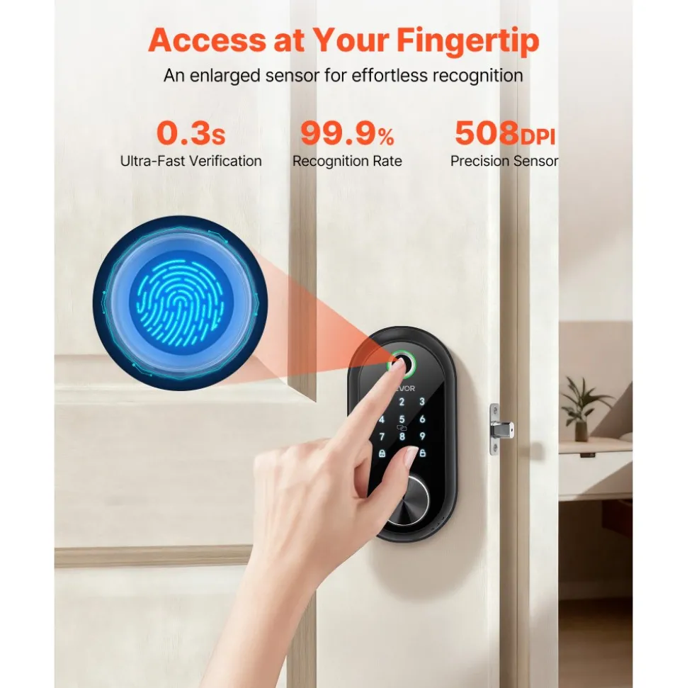 VEVOR Fingerprint Door Lock, Electronic Biometric Deadbolt with Pioneering Easy-Grip Design, Auto Locking, One-Time Code, Anti-Peeking Password, Keyless Entry Door Lock for Home Use, Matte Black