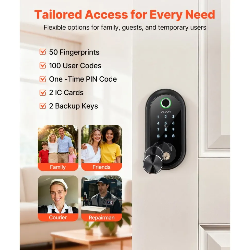VEVOR Fingerprint Door Lock, Electronic Biometric Deadbolt with Pioneering Easy-Grip Design, Auto Locking, One-Time Code, Anti-Peeking Password, Keyless Entry Door Lock for Home Use, Matte Black