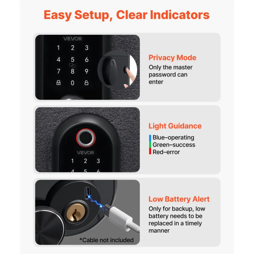 VEVOR Fingerprint Door Lock, Electronic Biometric Deadbolt with Pioneering Easy-Grip Design, Auto Locking, One-Time Code, Anti-Peeking Password, Keyless Entry Door Lock for Home Use, Matte Black